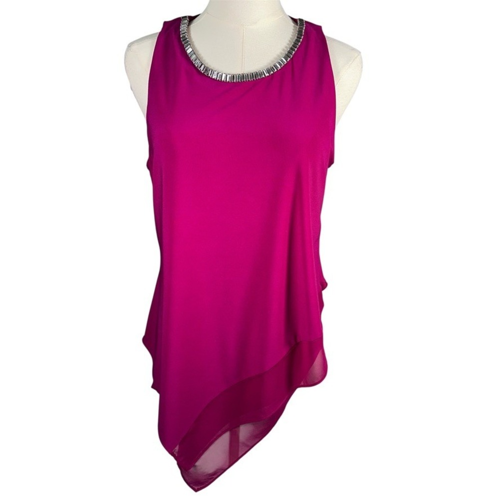 L. Levine Embellished Neck Sleeveless Asymmetric‎ Hem Magenta Tank Top